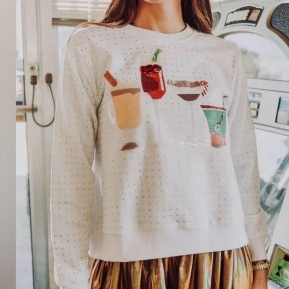🍸🍹Queen Of Sparkles L Holiday Cocktails Sequin & Rhinestones Sweatshirt EUC - Picture 10 of 10